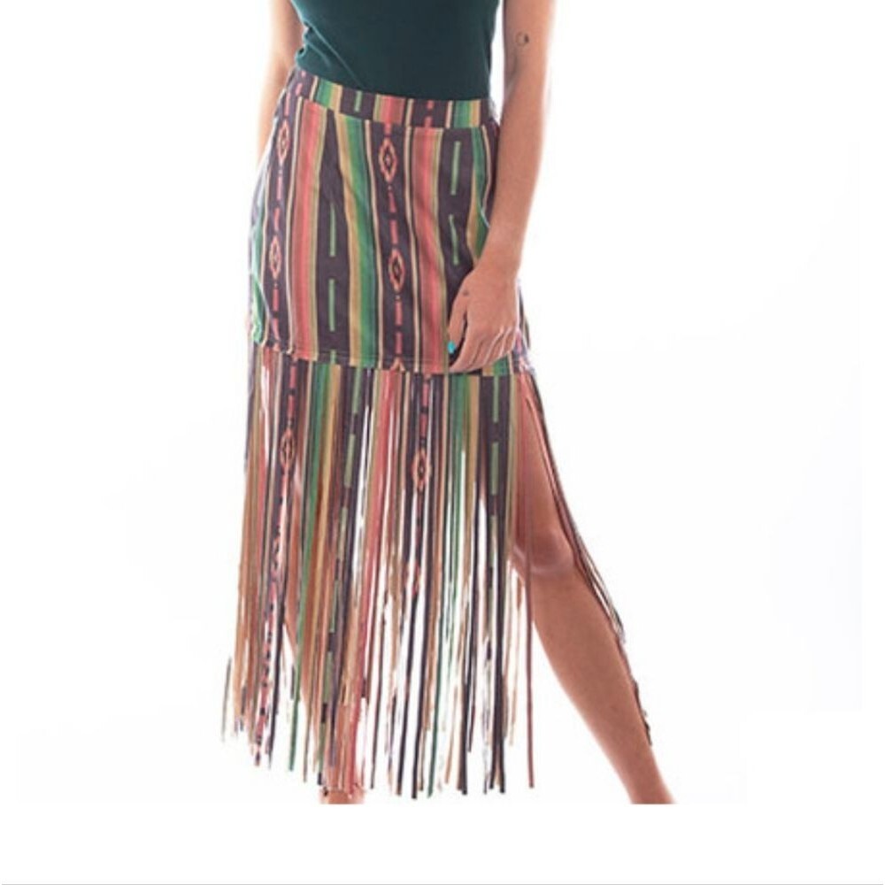 Scully Striped Fringe Mini Skirt in Green, Brown, Tan, Yellow, Pink